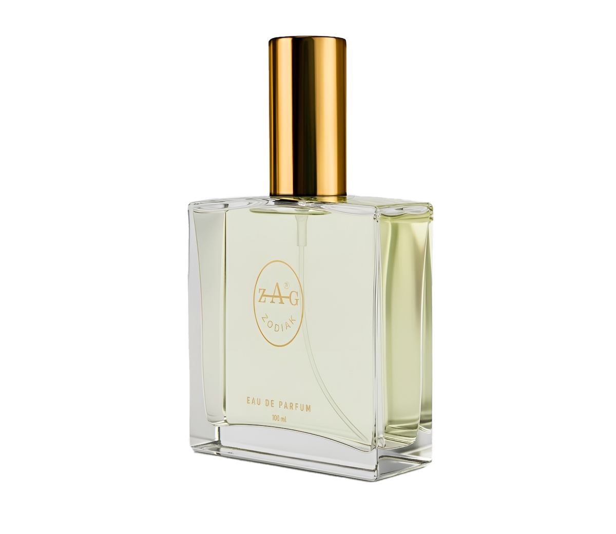Perfumes Zag Zodiak bottle with gold cap on a white background